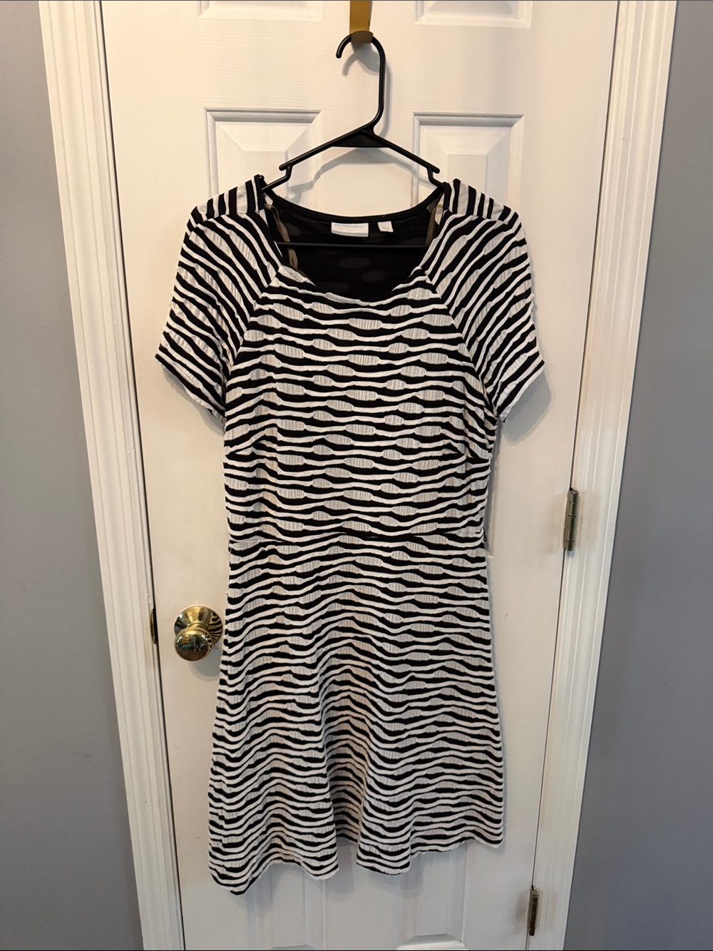 New York & Company Black and White Striped Scoop Neck A-Line Dress